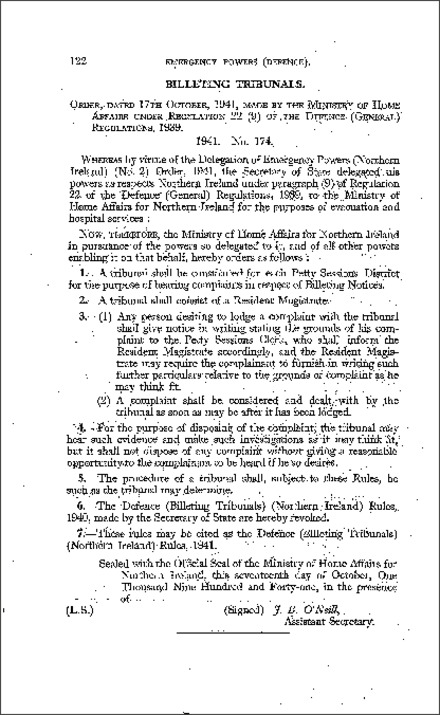 The Defence (Billeting Tribunals) Rules (Northern Ireland) 1941