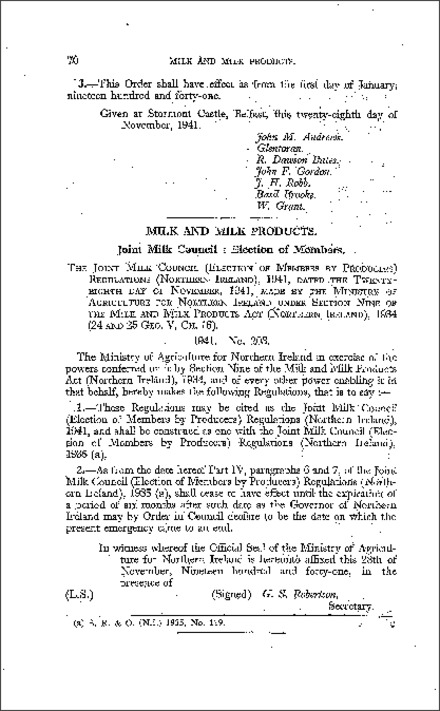 The Joint Milk Council (Election of Members by Producers) Regulations (Northern Ireland) 1941