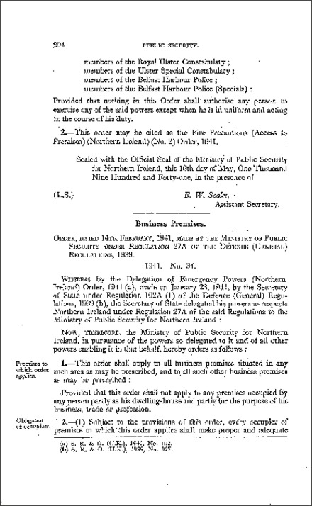 The Fire Prevention (Business Premises) Order (Northern Ireland) 1941