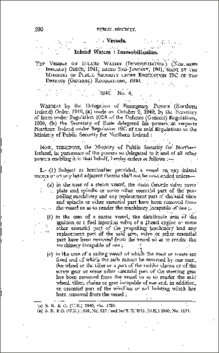 The Vessels on Inland Waters (Immobilisation) (Northern Ireland) Order (Northern Ireland) 1941