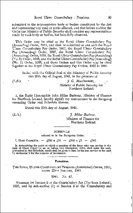 The Royal Ulster Constabulary Pensions (Amendment) Order (Northern Ireland) 1941