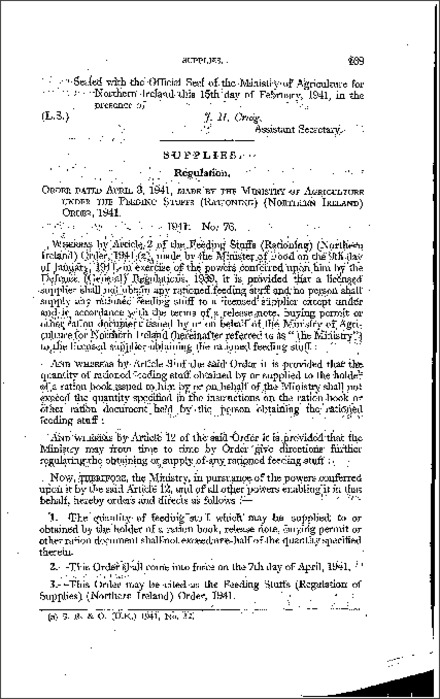 The Feeding Stuffs (Regulations of Supplies) Order (Northern Ireland) 1941