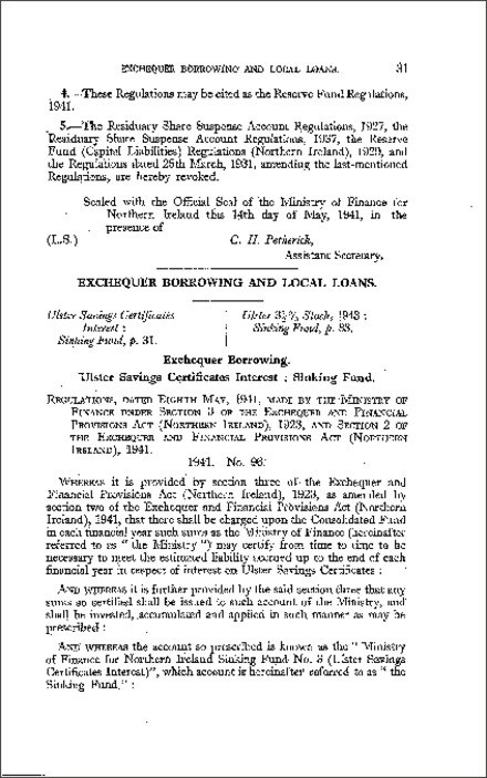 The Ulster Savings Certificates Interest (Sinking Fund) Regulations (Northern Ireland) 1941