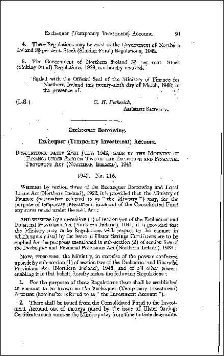 The Exchequer (Temporary Investment) Account Regulations (Northern Ireland) 1942