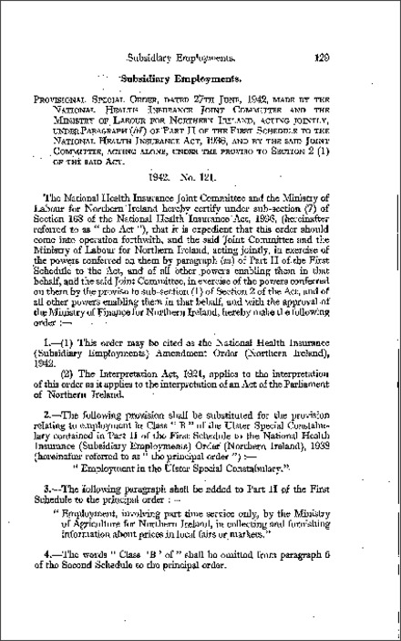 The National Health Insurance (Subsidiary Employments) Amendment Order (Northern Ireland) 1942