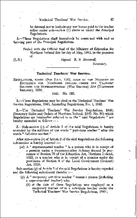The Technical Teachers' War Service Amendment No. 1 Regulations (Northern Ireland) 1942