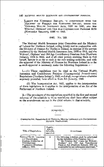 The National Health Insurance and Contributory Pensions (Consequential Amendment) Regulations (Northern Ireland) 1942