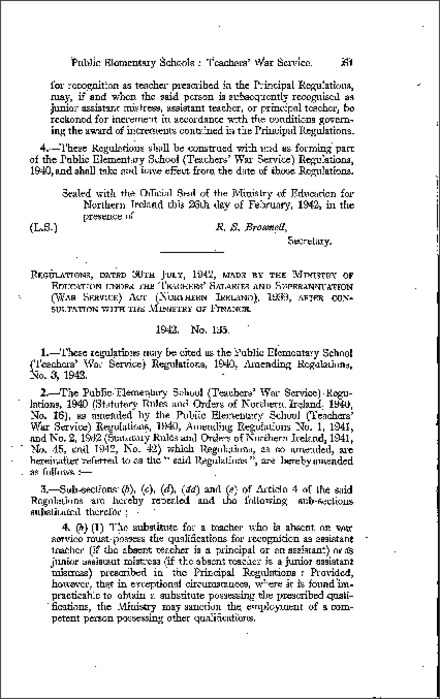 The Public Elementary School (Teachers' War Service) Amendment No. 3 Regulations (Northern Ireland) 1942