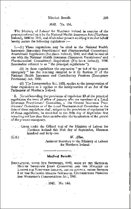 The National Health Insurance (Medical Benefit) (Emergency Provisions) Regulations (Northern Ireland) 1942