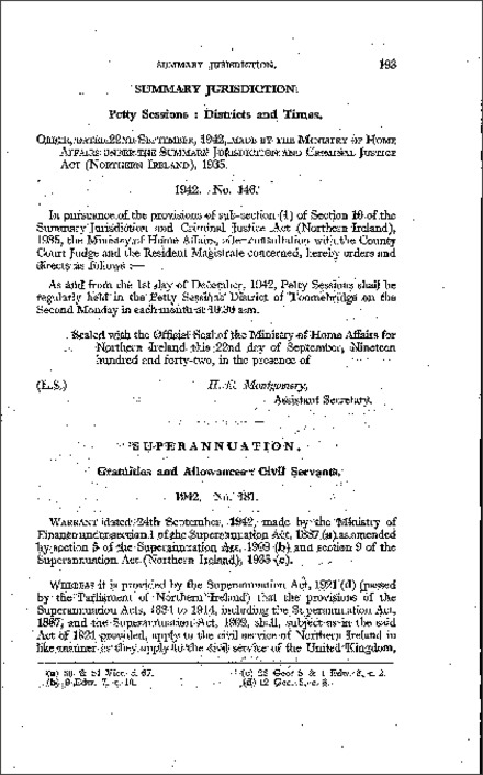 The Petty Sessions: Districts and Times Order (Northern Ireland) 1942