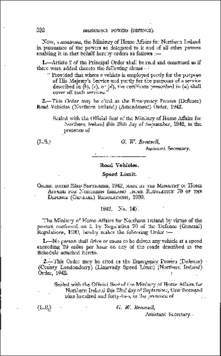 The Emergency Powers (Defence) (Co. Londonderry) (Limavady Speed Limit) Order (Northern Ireland) 1942