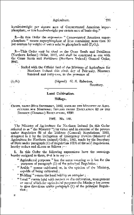 The Tillage General Order (Northern Ireland) 1942