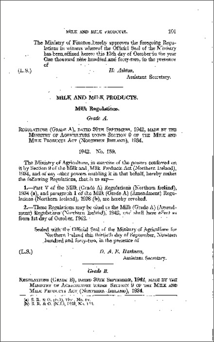 The Milk (Grade A) (Amendment) Regulations (Northern Ireland) 1942