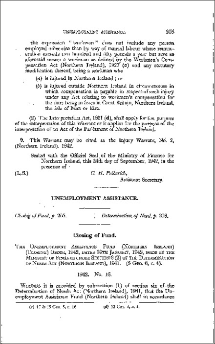 The Unemployment Assistance Fund (Closing) Order (Northern Ireland) 1942