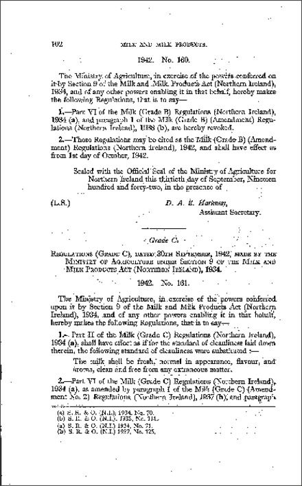 The Milk (Grade B) (Amendment) Regulations (Northern Ireland) 1942
