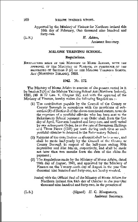 The Malone Training School Regulations (Northern Ireland) 1942