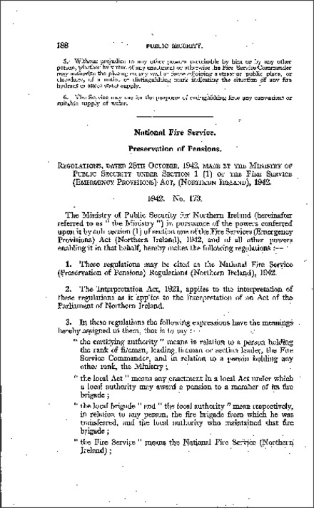 The National Fire Service (Preservation of Pensions) Regulations (Northern Ireland) 1942