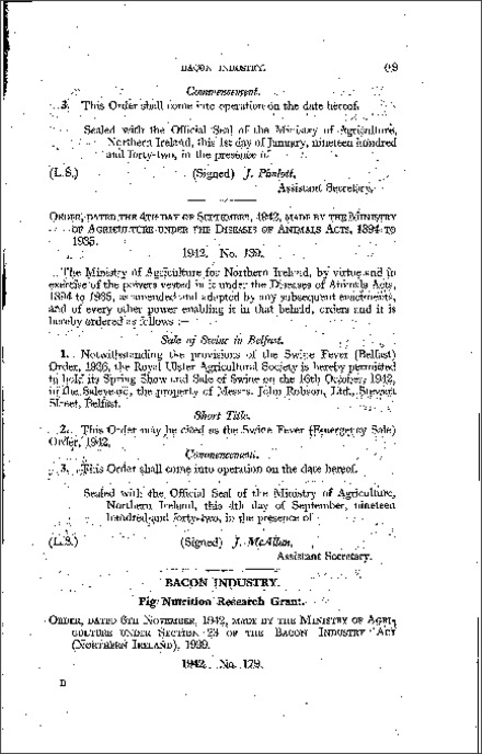 The Bacon Industry (Pig Nutrition Research Grant) Order (Northern Ireland) 1942