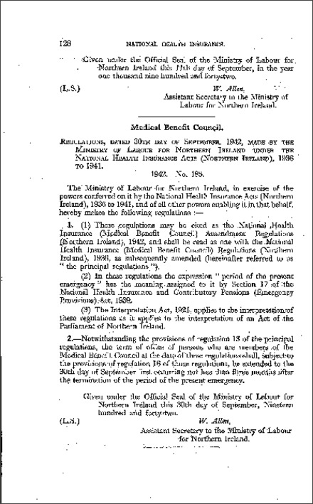 The National Health Insurance (Medical Benefit Council) Amendment Regulations (Northern Ireland) 1942