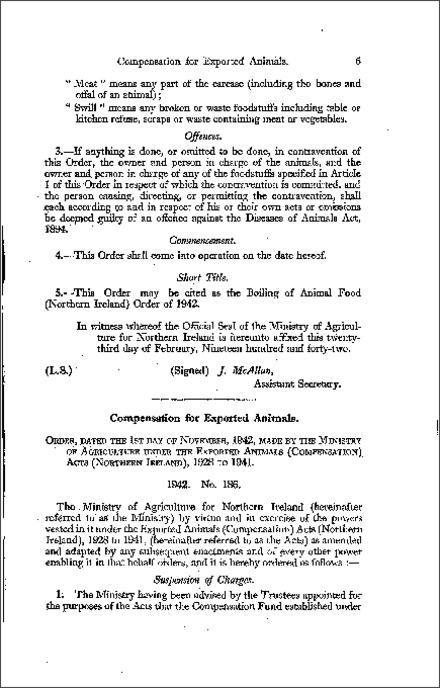 The Exported Animals (Compensation) (Suspension of Charges) Order (Northern Ireland) 1942