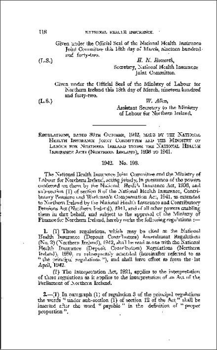The National Health Insurance (Deposit Contributors) Amendment Regulations (Northern Ireland) 1942
