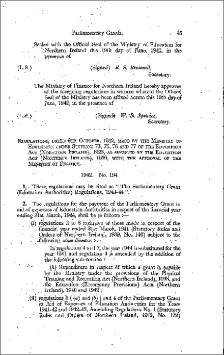 The Parliamentary Grant (Education Authorities) Regulations (Northern Ireland) 1942