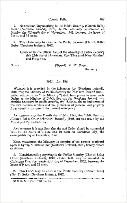 The Public Security (Church Bells) (No. 2) Order (Northern Ireland) 1942