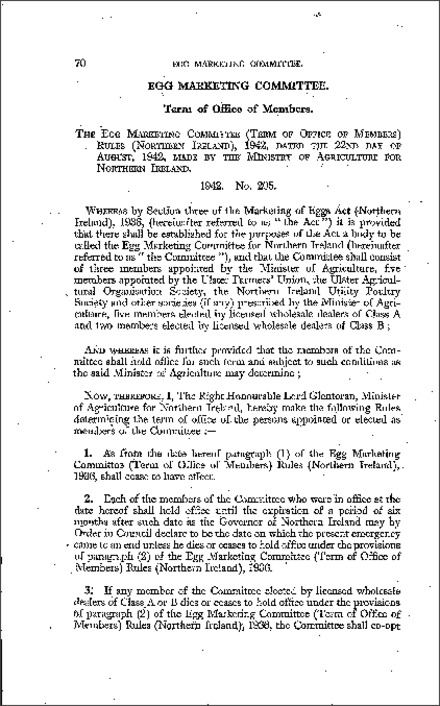 The Egg Marketing Committee (Term of Office of Members) Rules (Northern Ireland) 1942