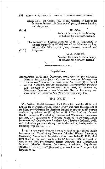 The National Health Insurance and Contributory Pensions (Married Women Emergency Provisions) Amendment Regulations (Northern Ireland) 1942
