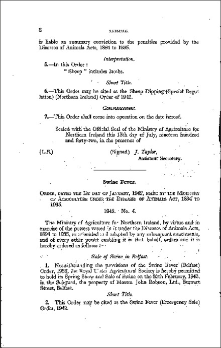 The Swine Fever (Emergency Sale) Order (Northern Ireland) 1942