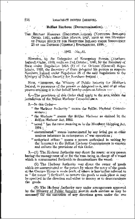 The Belfast Harbour (Decontamination) Order (Northern Ireland) 1942