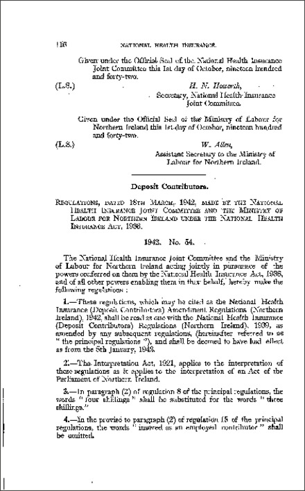 The National Health Insurance (Deposit Contributors) Amendment Regulations (Northern Ireland) 1942