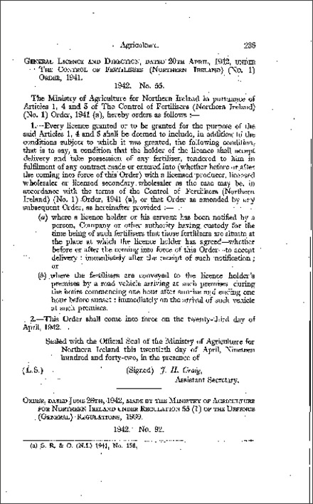 The Control of Fertilisers (No. 1) Amendment Order (Northern Ireland) 1942