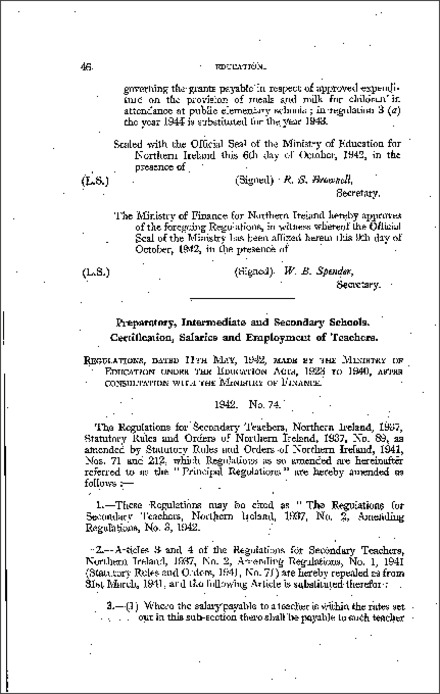 The Secondary Teachers Amendment No. 3 Regulations (Northern Ireland) 1942