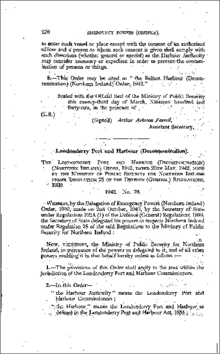 The Londonderry Port and Harbour (Decontamination) Order (Northern Ireland) 1942