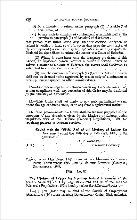 The Control of Employment (Agriculture) (Amendment) Order (Northern Ireland) 1942