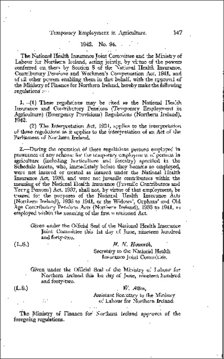 The National Health Insurance and Contributory Pensions (Temporary Employment in Agriculture) (Emergency Provisions) Regulations (Northern Ireland) 1942