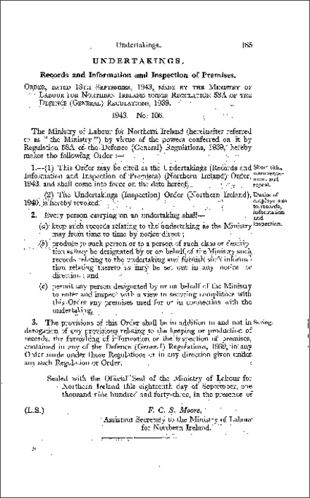 The Undertakings (Records and Information and Inspection of Premises) Order (Northern Ireland) 1943