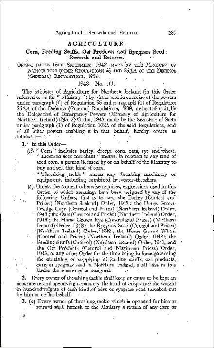 The Corn, Feeding Stuffs, Oat Products and Ryegrass Seed (Records and Returns) Order (Northern Ireland) 1943