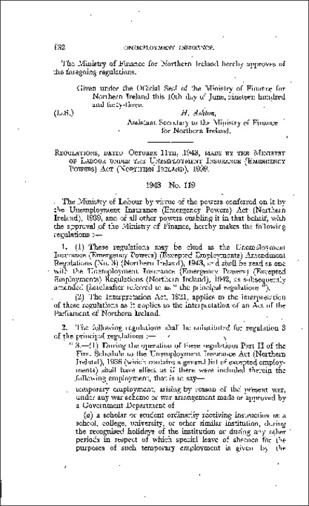 The Unemployment Insurance (Emergency Powers) (Excepted Employments) Amendment (No. 3) Regulations (Northern Ireland) 1943