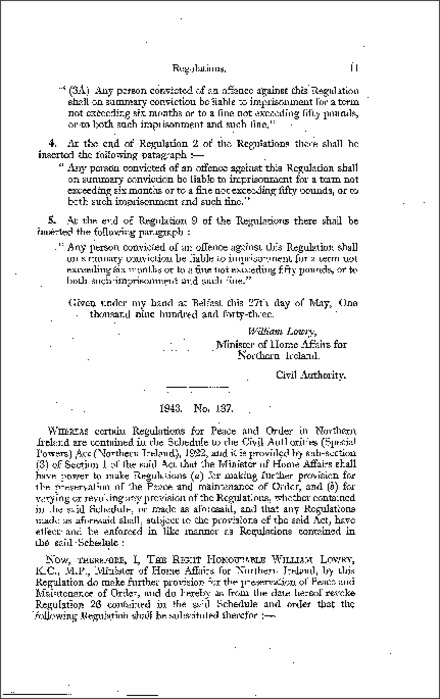 The Civil Authorities (Special Powers) Regulations (Northern Ireland) 1943