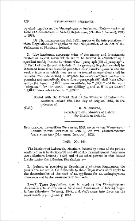 The Unemployment Insurance (Determination of Need and Assessment of Needs) Regulations (Northern Ireland) 1943