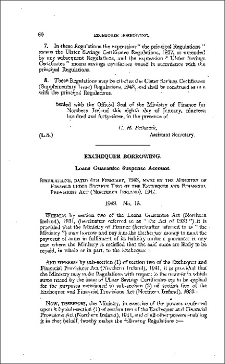 The Loans Guarantee Suspense Account Regulations (Northern Ireland) 1943