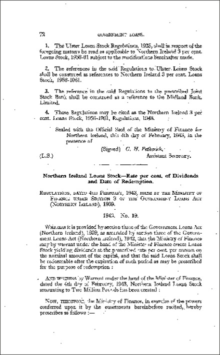 The Northern Ireland Loans Stock (Rate of Dividend and Redemption) Regulations (Northern Ireland) 1943