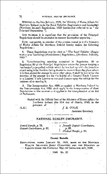 The National Health Insurance (Dental Benefit) Amendment Regulations (Northern Ireland) 1943