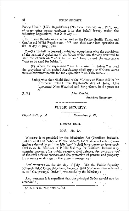 The Public Security (Church Bells) Order (Northern Ireland) 1943