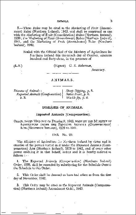 The Exported Animals (Compensation) Amendment Order (Northern Ireland) 1943