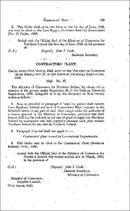 The Contractors' Plant Order (Northern Ireland) 1943