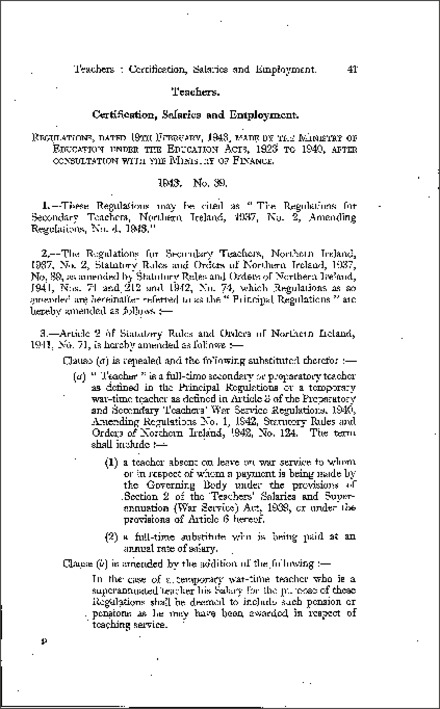 The Secondary Teachers Amending No. 4 Regulations (Northern Ireland) 1943
