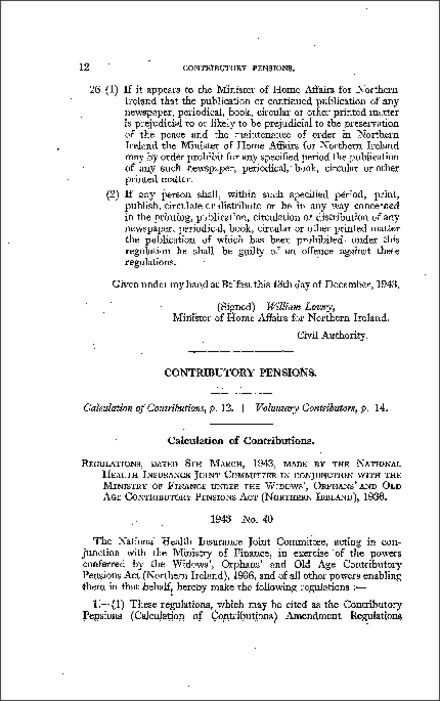 The Contributory Pensions (Calculation of Contributions) Amendment Regulations (Northern Ireland) 1943